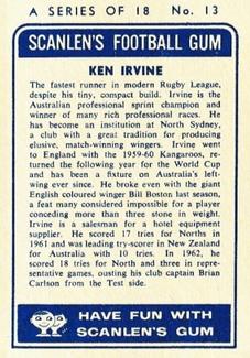 1963 Scanlens NRL #13 Ken Irvine Back